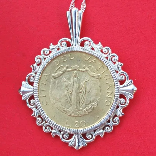 Vista 2 de 1987 Vaticano 20 Liras Moneda Asunción de Madre María en el Cielo Collar de Plata de Ley 925 maciza NUEVO
