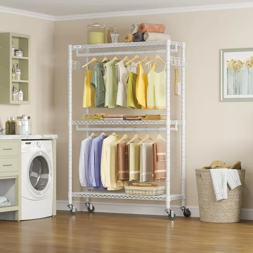 Vista 3 de VIPEK R2 Plus - Perchero de 3 niveles ajustable de alambre con ruedas, estante de almacenamiento independiente de metal resistente para colgar ropa