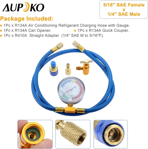 Vista 7 de Kit de manguera de recarga Aupoko R134A con manómetro, manguera de recarga de refrigerante AC de 59' con conector hembra de 1/2" tipo punción