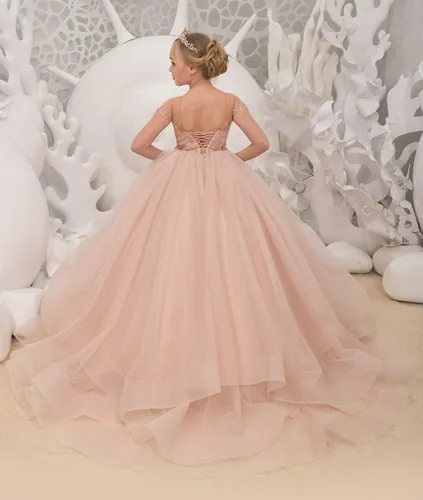 Vista 2 de Uzqast Lace Appliques Flower Girls Dresses Tulle Short Sleeves Princess Long Wedding Pageant Ball Gown Dress for Girls