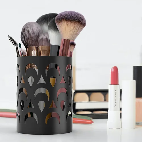Vista 5 de Mango Steam Soporte de metal para bolígrafo, organizador de vasos para brochas de maquillaje para oficina, baño, tocador (negro, pavo real)