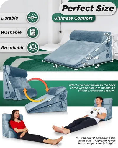 Vista 3 de Lunix LX8 4 piezas de soporte para molestias digestivas nocturnas y respiración más fácil, juego de almohadas ortopédicas de cuña de altura Gris Nube