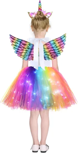Vista 2 de Sequin LED Light Up Unicorn Custome for 4-10Y Girls Birthday Gifts Outfit Unicorn Tutu Dress with Headband and Wings