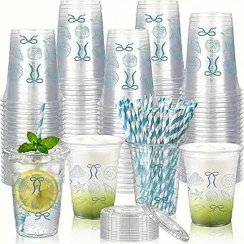 Vista 14 de Sliner - 50 vasos de plástico desechables de 16 onzas con pajilla, lazo