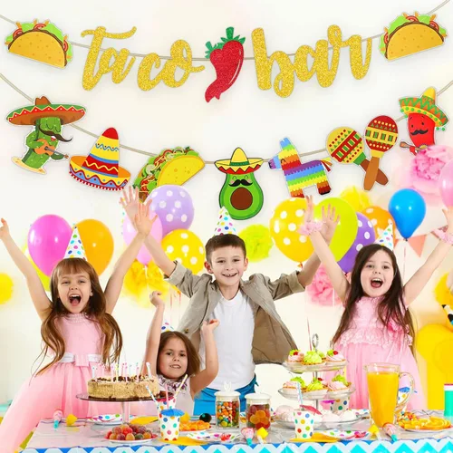 Vista 6 de Fiesta Taco Bar Banner Garland 2 juegos de fiesta mexicana fiesta bandera con cactus burro maraca sombrero taco pimienta para fiesta temática