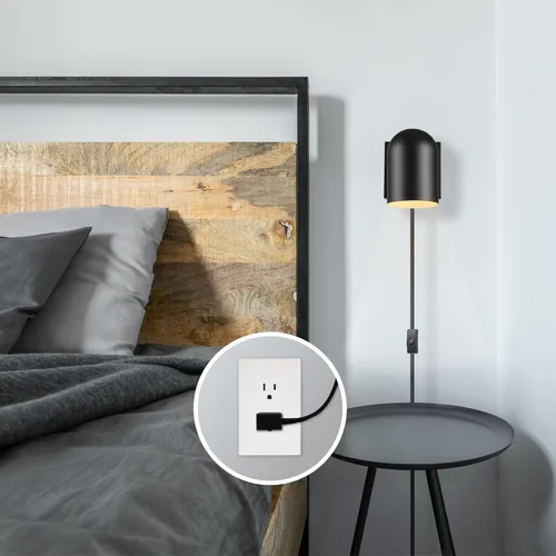 Vista 2 de Globe Electric 65000098 Lámpara de pared de 1 luz enchufable o cableada, negro mate, cable de tela trenzada de 1.8 metros, interruptor basculante