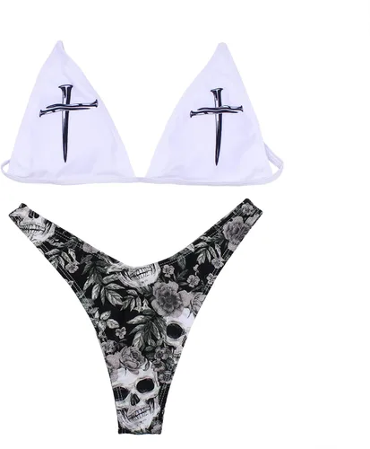 Vista 52 de AIBEARTY Traje de baño de dos piezas con estampado de calaveras para mujer, conjunto de bikini triangular de corte alto para fiesta, festival