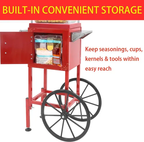 Vista 5 de Máquina de palomitas de maíz de 8 onzas con carrito y ruedas, máquina para hacer palomitas de maíz, estilo cine para el hogar, fiestas, Navidad, uso