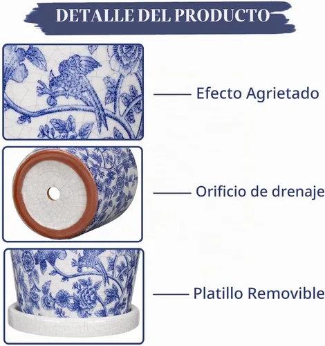 Vista 2 de Juego de 3 macetas decorativas azules y blancas, macetas redondas de cerámica para plantas de interior con orificio de drenaje y platillos, maceta