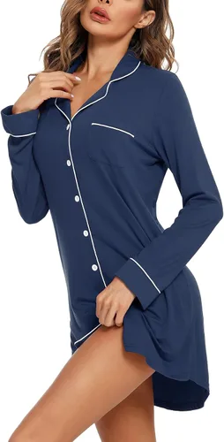 Vista 16 de Samring Camisón de pijama para mujer, manga corta/larga, con botones, camisón para dormir, camisón para novio, talla XXL