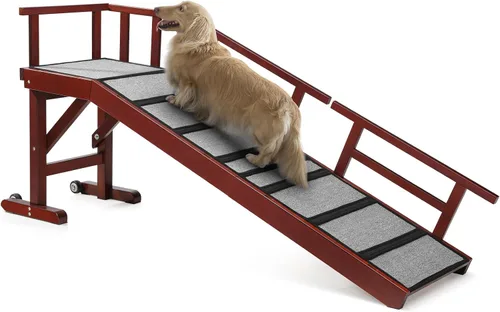 Vista 12 de Rampa para perros para cama o sofá, rampa de madera para mascotas con pendiente suave de 20°, rieles laterales extraíbles, superficie