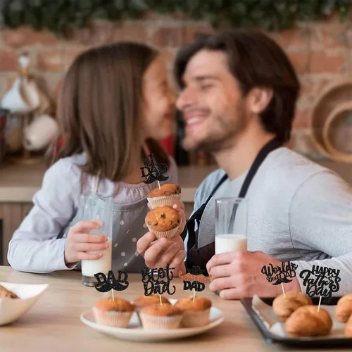 Vista 9 de Gyufise 24 piezas de decoración para cupcakes con bigote con purpurina negra del mundo para el mejor papá del mundo, decoraciones para el Día