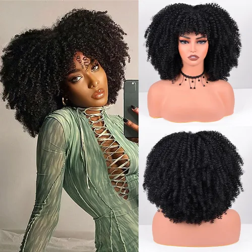 Vista 36 de Vitorish Peluca corta afro rizada con flequillo para mujeres negras, peluca sintética resistente al calor, color negro natural, para uso diario