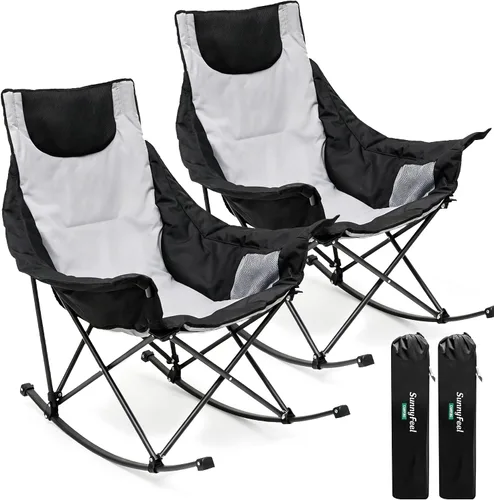 Vista 19 de SUNNYFEEL Silla Mecedora de Camping, Reclinable Acolchada de Lujo, Silla Plegable de Jardín de Gran Tamaño con Bolsillo, Resistente para Naranja