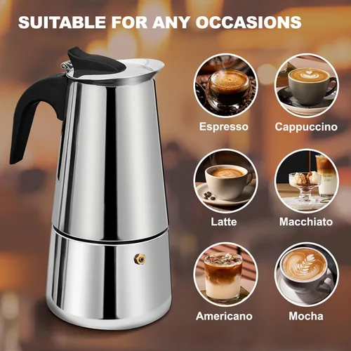 Vista 7 de 12 Tazas Cafetera de Espresso para Estufa Olla de Moka de Acero Inoxidable Percolador de Cocina Superior Cafeteras de Café Italianas Capaz