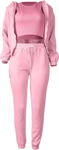 Vista 5 de Conjunto deportivo de 3 piezas para mujer, para otoño e invierno, manga larga, sudadera corta con pantalón corto, ajuste holgado, con capucha