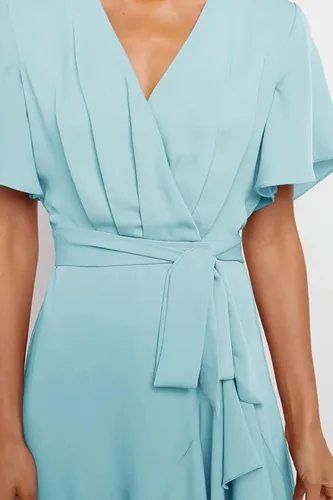 Vista 3 de Soulomelody Vestido cruzado con cuello en V para mujer manga corta cintura alta con lazo cintura alta con volantes volantes con cinturón