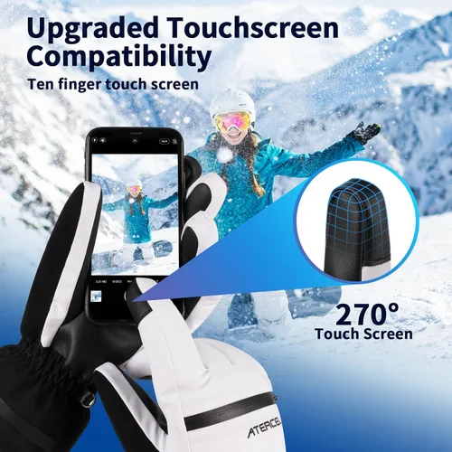 Vista 4 de ATERCEL Guantes de esquí impermeables, guantes Thinsulate cálidos 3M, pantalla táctil, ideales para hombres y mujeres en esquí, snowboard, motos