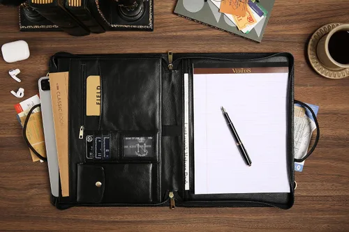 Vista 2 de Organizador de cuero genuino, maletín profesional de cuero de negocios con correa, 14 × 10.5 pulgadas personalizado Padfolio de cuero con asa, negro