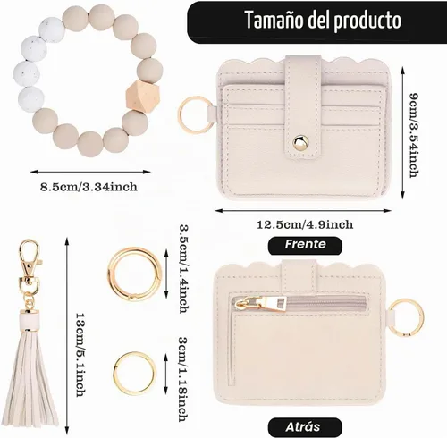 Vista 3 de Cartera de pulsera para mujer con llavero – Tarjetero RFID pequeña cartera con llavero Beige