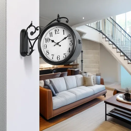 Vista 5 de Reloj de pared de doble cara, reloj de pared vintage de metal europeo, relojes de pared grandes de esquina antiguos para jardín, interior, exterior