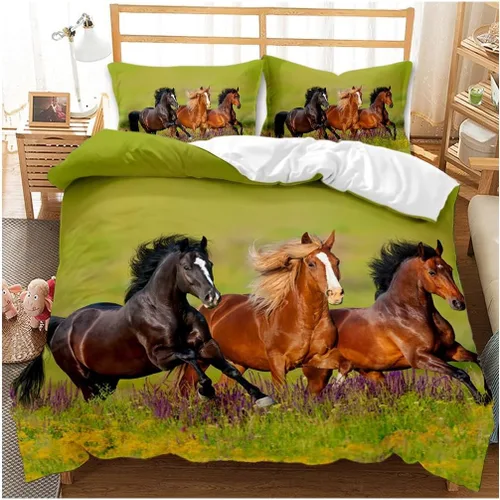 Vista 6 de Juego de ropa de cama 3D de caballo tamaño Queen, funda de edredón de cama/fundas de edredón, ropa de cama, fundas de almohada, textiles