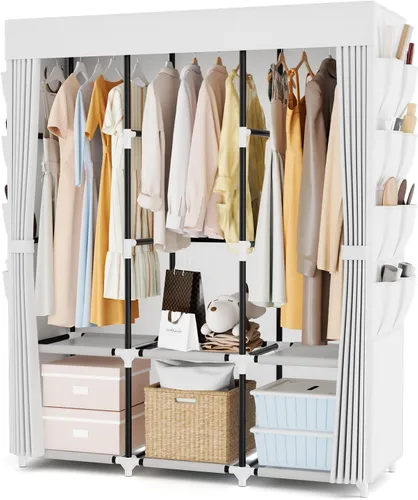 Vista 11 de Armario portátil para colgar ropa, perchero de gran capacidad con tapa, 3 varillas para colgar, 6 estantes y 8 bolsillos, armario fuerte y estable