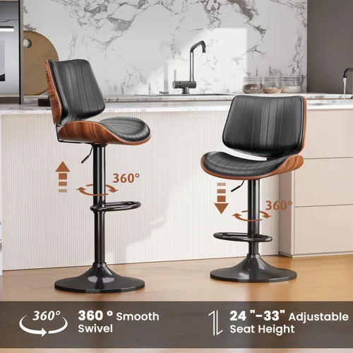 Vista 7 de Juego de 1 taburetes de bar giratorios de madera curvada ajustables para encimera de cocina, moderna silla de bar tapizada de piel sintética
