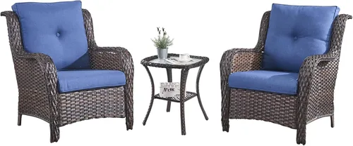 Vista 48 de HUMMUH Juego de 2 sillas de mimbre para patio, sillas de comedor de ratán de polietileno para exteriores, con cojines de asiento de 4 pulgadas