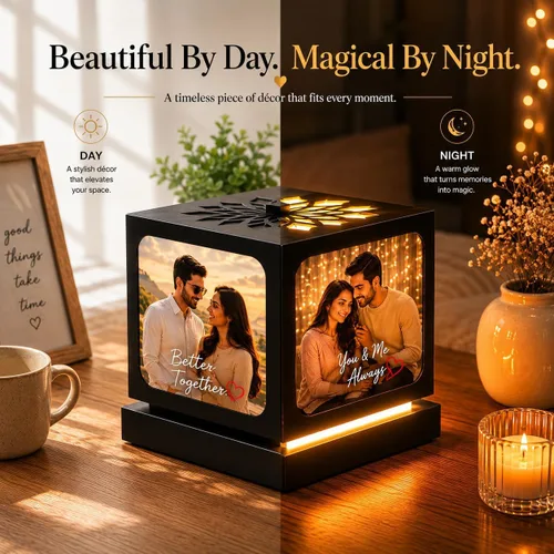 Vista 4 de ZOCI VOCI Marco de fotos LED giratorio personalizado con 4 fotos, regalos de boda personalizados para parejas 2024 (negro mediano)