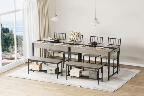 Vista 3 de IDEALHOUSE Juego de mesa de comedor para 4 personas, mesa de cocina pequeña y 2 sillas para 4 con banco, juego de mesa rectangular de granja de Gris