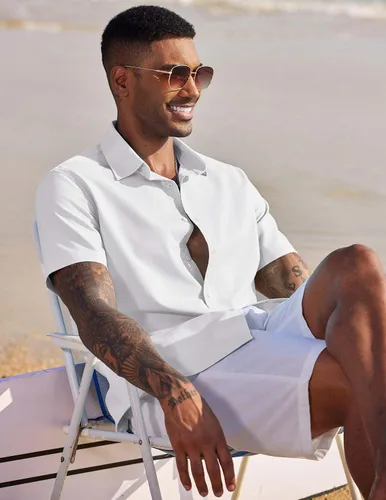 Vista 4 de COOFANDY Camisa casual de lino de manga corta con botones para hombre, para verano, playa, boda