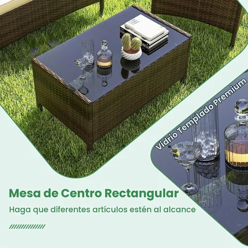 Vista 6 de RELAX4LIFE Juego de muebles de patio de 4 piezas – Juego de muebles de ratán para conversación al aire libre con cojines, mesa de centro de cristal