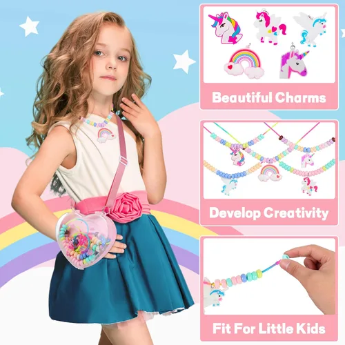 Vista 2 de FLYINGSEEDS Kit de Joyería de Unicornio, 5 Collares de Goma y Encantos con 100 Perlas de Agujeros Grandes, Juego de Artes y Manualidades, Regalos