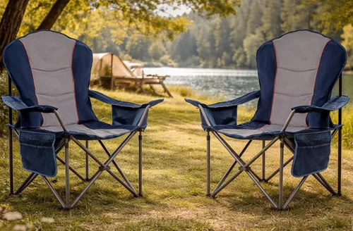 Vista 10 de Sillas plegables de camping para adultos, sillas de césped acolchadas con respaldo alto para exteriores con soporte lumbar y soporte para tazas