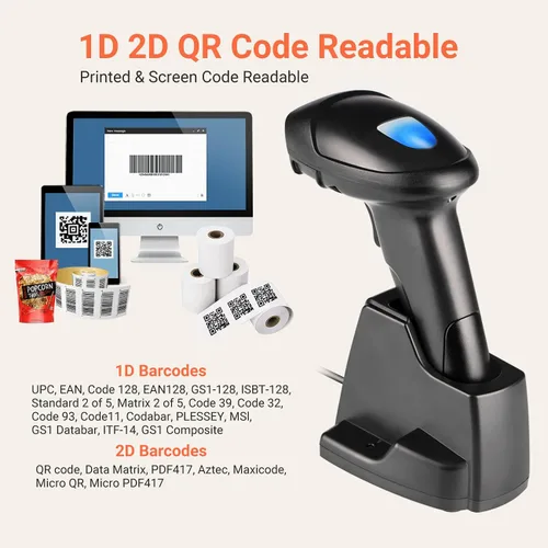 Vista 3 de Tera Escáner de código de barras inalámbrico 1D 2D QR con base de carga USB, lector de código de barras de mano, escáner de detección automática