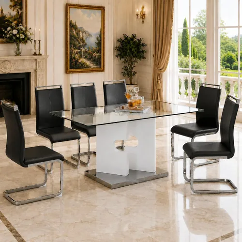 Vista 22 de Ebullient Juego de mesa de comedor de cristal de 63 pulgadas para 6, mesa de comedor de vidrio negro y base de MDF, mesa de cocina rectangular Mesa