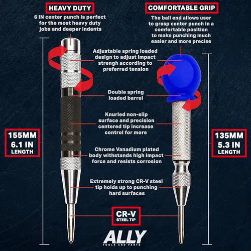 Vista 3 de ALLY Tools - Punzón central automático súper fuerte de 6 y 5 pulgadas, perforador central automático perfecto para metal, madera, plástico, vidrio