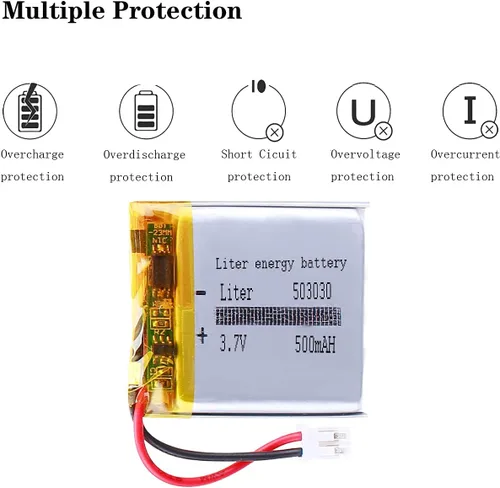 Vista 4 de Liter 503030 Lipo batería recargable de polímero de litio de 3,7 V 500 mAh con conector JST PH de 0.079 in