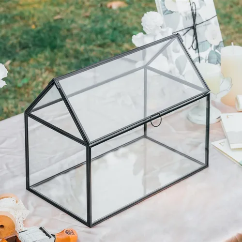 Vista 6 de NCYP - Caja de tarjetas de vidrio con tapa para micro boda, cumpleaños, recepción de fiesta, 10.2 x 5.9 x 8.2 pulgadas, tarjetero con forma de casa