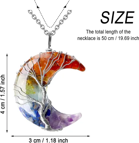 Vista 7 de Collar con colgante de cristales de luna para mujeres y hombres, árbol de la vida, alambre de cobre, collar de piedras de cristal curativas naturales