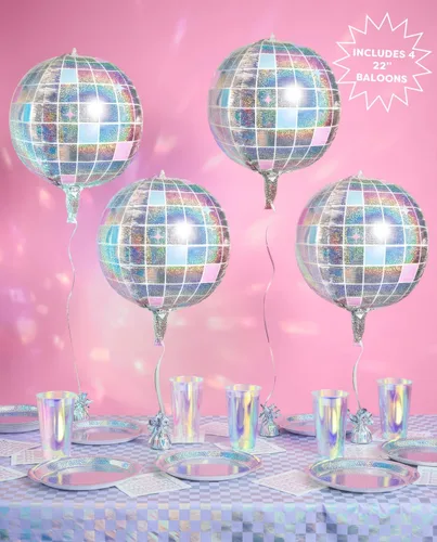 Vista 2 de xo, Fetti Globos de Papel de Aluminio con Bola de Discoteca Iridiscente - Paquete de 4, 22" Decoraciones de Despedida de Soltera Disco
