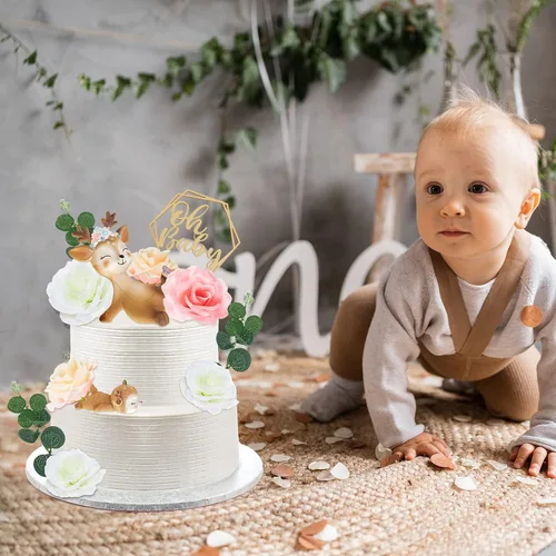 Vista 7 de Taiyin Oh Baby Cake Toppers para baby shower, lindos adornos para tartas de ciervos, flores de animales femeninos, decoración de tartas, pequeñas