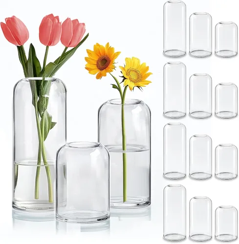 Vista 10 de ComSaf Juego de 12 jarrones de flores pequeños, jarrones de cristal a granel, jarrones transparentes para flor, centro de mesa de decoración