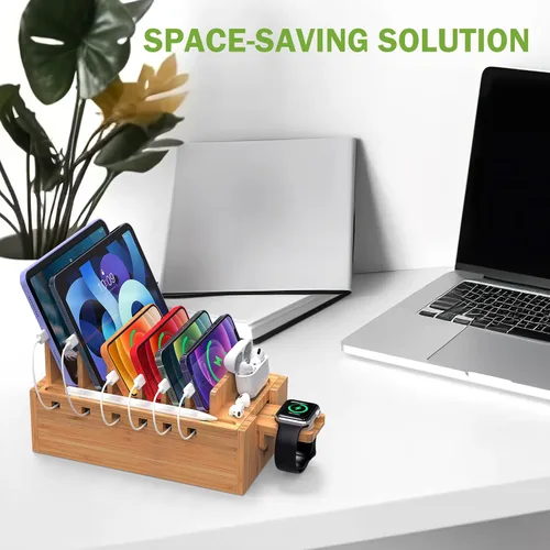 Vista 7 de Estación de carga de bambú Pezin & Hulin con 5 puertos USB y 5 cables All-in-One, 5-Port USB HUB Included, 8-Device Organizer, Natural Bamboo, #1