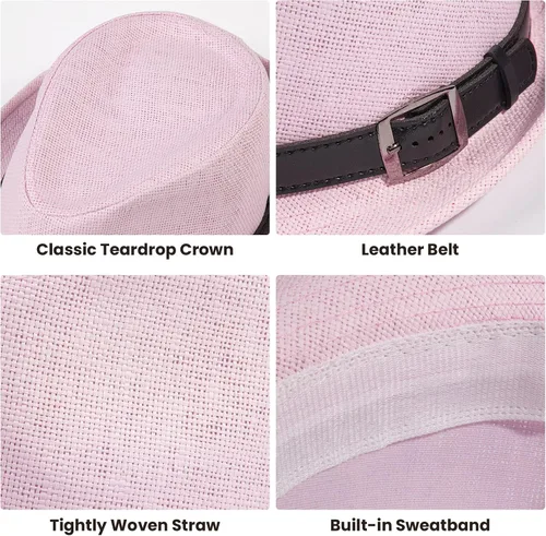 Vista 4 de Simplicity Sombrero de paja Trilby Fedora estilo Panamá con cinturón de cuero