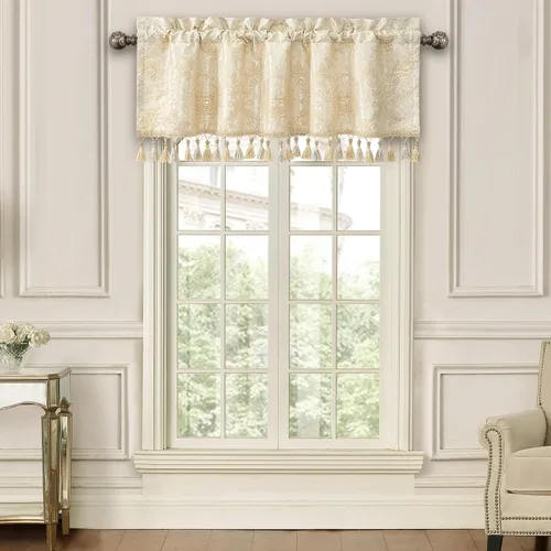 Vista 17 de Loom and Mill Cenefas de jacquard de lujo para ventana de sala de estar, elegante cenefa de cortina de damasco beige con ribete de cuentas, cortina