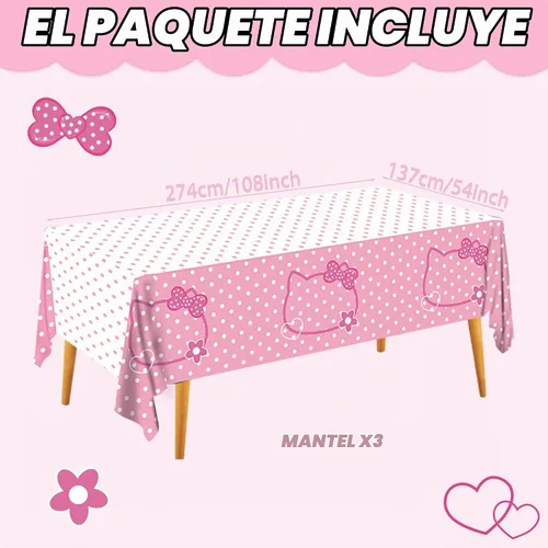 Vista 4 de 3 piezas de mantel de fiesta con lazos rosas de gatitos, lindo mantel de gatitos con puntos, rectangular desechable de 54×108 pulgadas, blanco