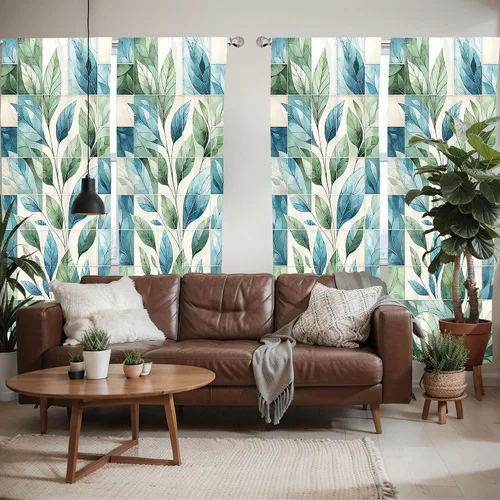 Vista 2 de Ambesonne Paquete de 2 cortinas para ventana con estampado de hojas, arte botánico con hojas, mosaico, detalles cuadrados cúbicos, naturaleza