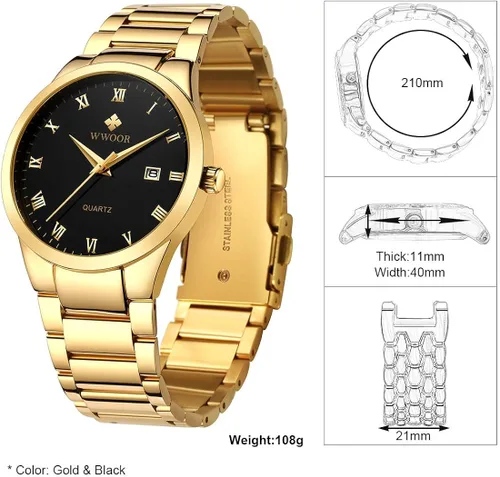 Vista 6 de WWOOR Mens Quartz Stainless Steel and Metal Black and Gold Watches for Men Waterproof Casual Wrist Watch with Date